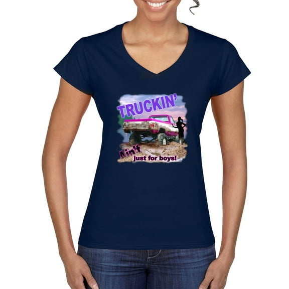 Wild Bobby, Truckin Ain't Just For Boys, Cars and Trucks, Women Standard V-Neck Tee, Navy, Medium