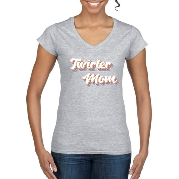 Wild Bobby Twirler Mom Girl Sports Women Standard V-Neck Tee, Heather Grey, Small