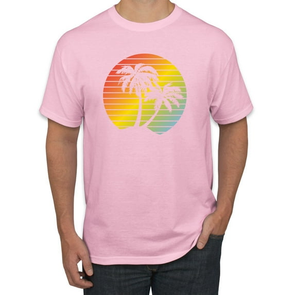 Wild Bobby, Two Coconut Palm Trees Beach Sunset | Mens Pop Culture Graphic T-Shirt, Light Pink, 3XL