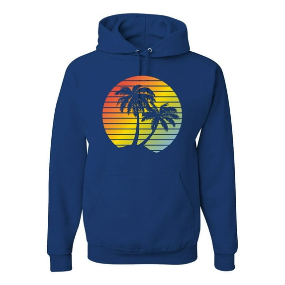 Wild Bobby, Two Coconut Palm Trees Beach Sunset | Mens Pop Culture Hooded Sweatshirt Graphic Hoodie, Royal, 3XL