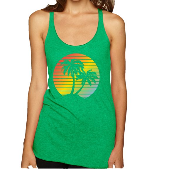 Wild Bobby, Two Coconut Palm Trees Beach Sunset | Womens Pop Culture Premium Tri-Blend Racerback Tank Top, Envy, X-Large