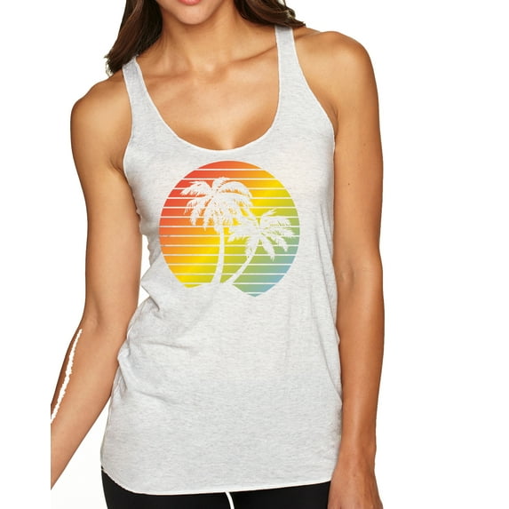 Wild Bobby, Two Coconut Palm Trees Beach Sunset | Womens Pop Culture Premium Tri-Blend Racerback Tank Top, Heather White, Small