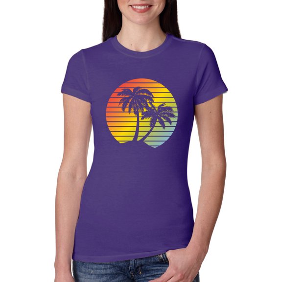 Wild Bobby, Two Coconut Palm Trees Beach Sunset | Womens Pop Culture Slim Fit Junior Tee, Purple Rush, Small