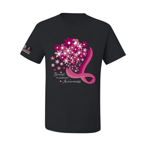 Wild Bobby US Flag Breast Cancer Awareness Flowers US Flag Breast Cancer Awareness Men Tee, Black, Small