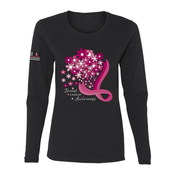 Wild Bobby US Flag Breast Cancer Awareness Flowers US Flag Breast Cancer Awareness Women Graphic Long Sleeve Tee, Black, Small