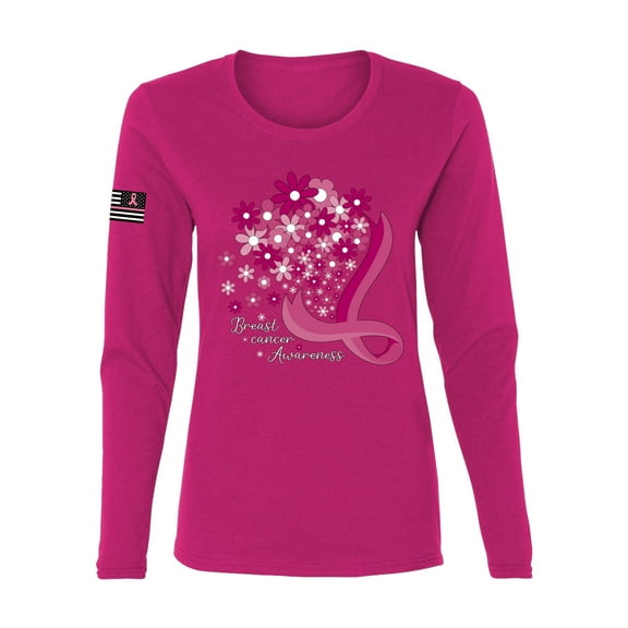 Wild Bobby US Flag Breast Cancer Awareness Flowers US Flag Breast Cancer Awareness Women Graphic Long Sleeve Tee, Fuschia, X-Large