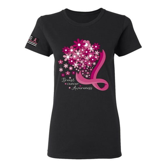 Wild Bobby US Flag Breast Cancer Awareness Flowers US Flag Breast Cancer Awareness Women Graphic Tee, Black, Small