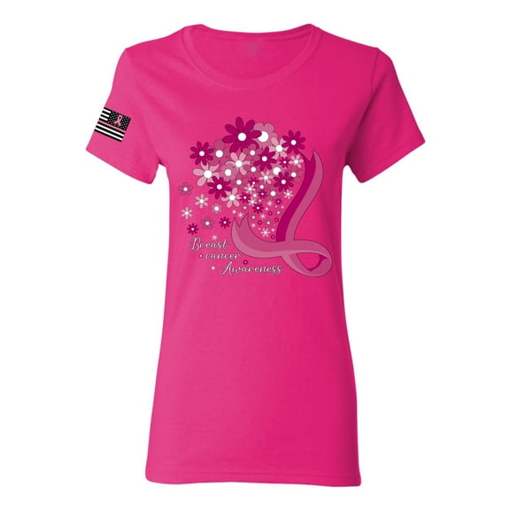 Wild Bobby US Flag Breast Cancer Awareness Flowers US Flag Breast Cancer Awareness Women Graphic Tee, Fuschia, X-Large