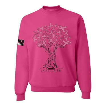 Wild Bobby US Flag Breast Cancer Awareness Pink Tree Words of Encouragement US Flag Breast Cancer Awareness Unisex Crewneck Sweatshirt, Fuschia, 3X-Large