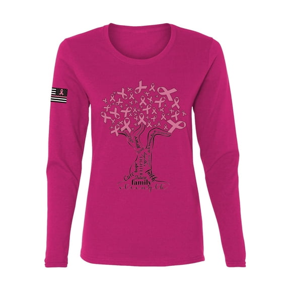 Wild Bobby US Flag Breast Cancer Awareness Pink Tree Words of Encouragement US Flag Breast Cancer Awareness Women Graphic Long Sleeve Tee, Fuschia, Large