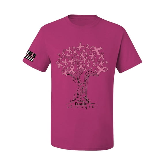 Wild Bobby US Flag Breast Cancer Awareness Pink Tree Words of Encouragement US Flag Breast Cancer Awareness Men Tee, Fuschia, 3X-Large