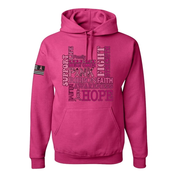 Wild Bobby US Flag Breast Cancer Awareness Words of Encouragement Distressed US Flag Breast Cancer Awareness Unisex Hoodie Sweatshirt, Fuschia, Medium