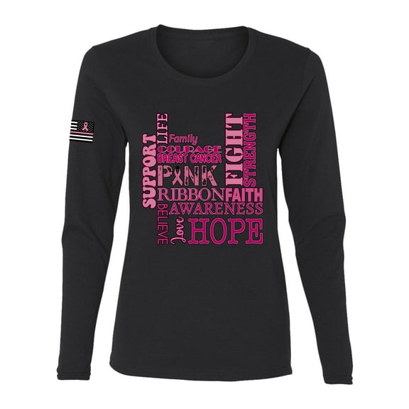Wild Bobby US Flag Breast Cancer Awareness Words of Encouragement Distressed US Flag Breast Cancer Awareness Women Graphic Long Sleeve Tee, Black, X-Large