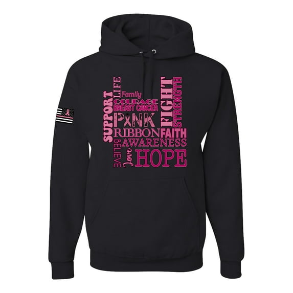 Wild Bobby US Flag Breast Cancer Awareness Words of Encouragement Distressed US Flag Breast Cancer Awareness Unisex Hoodie Sweatshirt, Black, Large