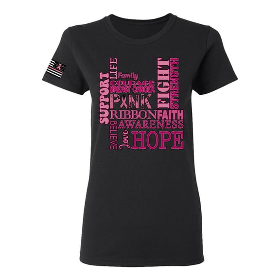 Wild Bobby US Flag Breast Cancer Awareness Words of Encouragement Distressed US Flag Breast Cancer Awareness Women Graphic Tee, Black, Small