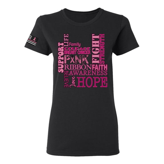 Wild Bobby US Flag Breast Cancer Awareness Words of Encouragement Distressed US Flag Breast Cancer Awareness Women Graphic Tee, Black, Small