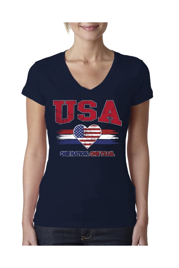USA Flag Heart One Nation One Team Graphic | Women's Novelty T-Shirt | Soccer Football Fan Game Day Gift for Her Women Junior Fit V-Neck Tee