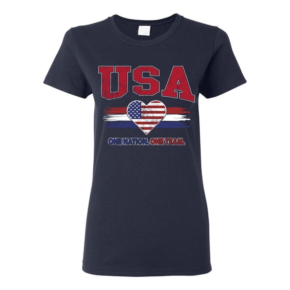 Wild Bobby USA Flag Heart One Nation One Team Graphic | Women's Novelty T-Shirt | Soccer Football Fan Game Day Gift for Her Women Graphic Tee