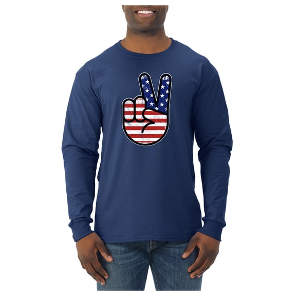Wild Bobby USA Flag Peace Sign Hand Men Long Sleeve Shirt