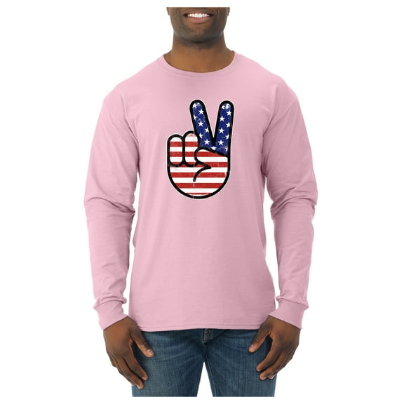 Wild Bobby USA Flag Peace Sign Hand Men Long Sleeve Shirt