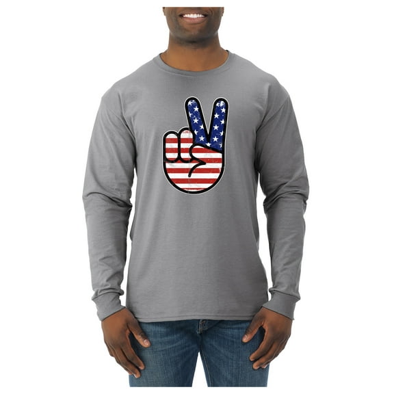 Wild Bobby USA Flag Peace Sign Hand Men Long Sleeve Shirt