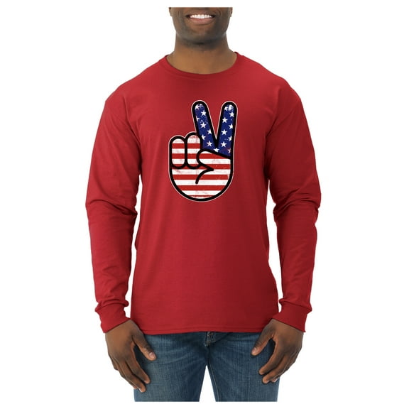 Wild Bobby USA Flag Peace Sign Hand Men Long Sleeve Shirt