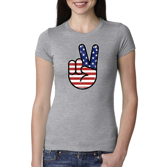 Wild Bobby USA Flag Peace Sign Hand Women Slim Fit Junior Tee