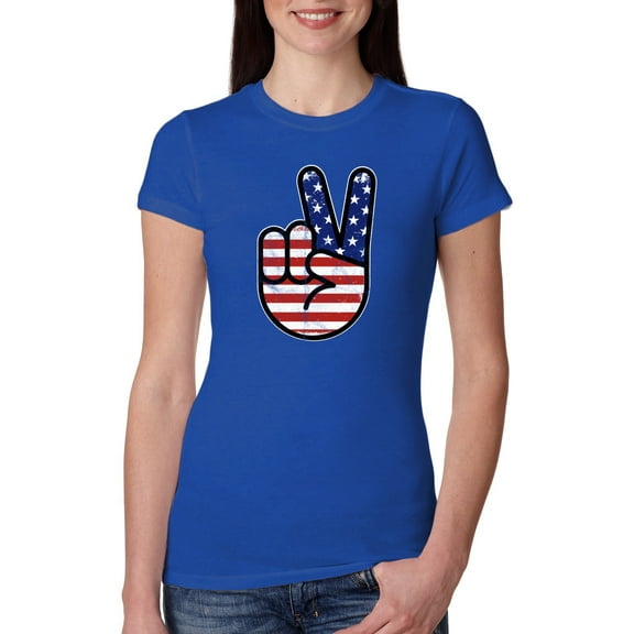 Wild Bobby USA Flag Peace Sign Hand Women Slim Fit Junior Tee