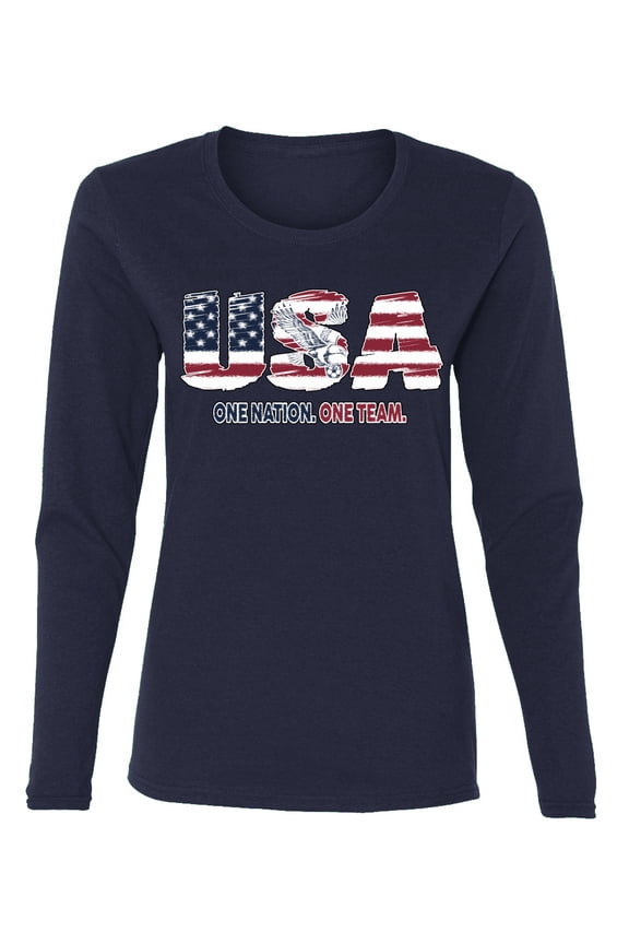 USA Flag Pride One Nation One Team Eagle Soccer Graphic | Unisex Novelty T-Shirt | Soccer Football Fan Gift for Men Women Graphic Long Sleeve Tee
