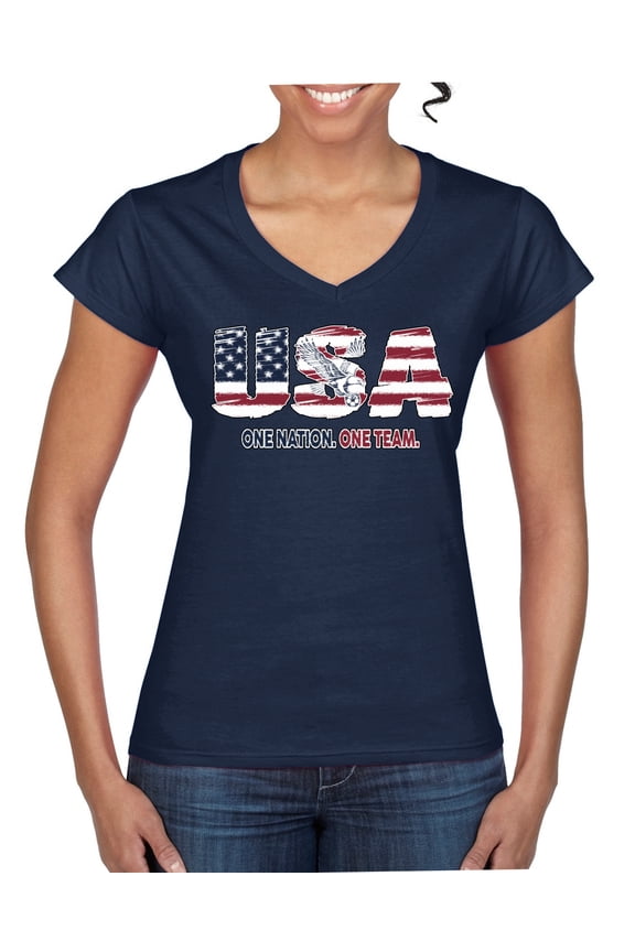 USA Flag Pride One Nation One Team Eagle Soccer Graphic | Unisex Novelty T-Shirt | Soccer Football Fan Gift for Men Women Standard V-Neck Tee