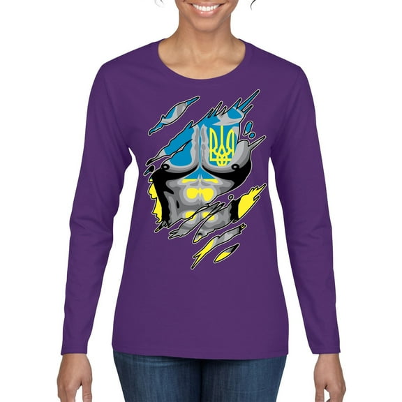 Wild Bobby, Ukrainian Muscle Skin Beast Mode Womens Graphic Long Sleeve T-Shirt, Purple, Medium
