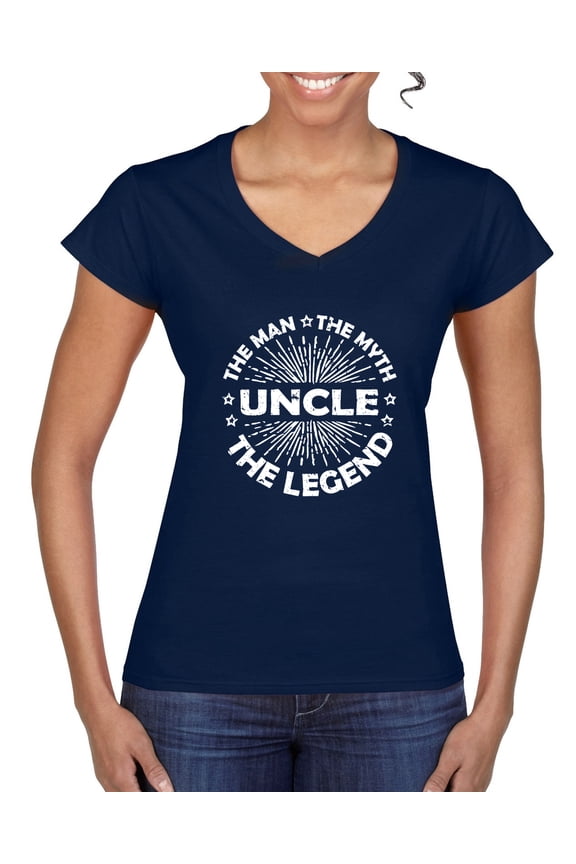 , Uncle Man Myth Legend Funny Dad Uncle Papa Granpa Dad Gift, Father's Day, Women Standard V-Neck Tee, Navy, Medium