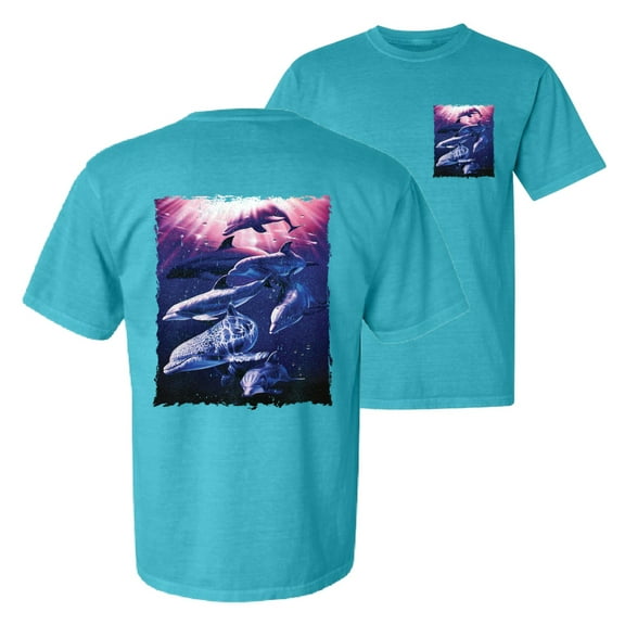 Wild Bobby, Underwater Whale Dolphin Bottlenose Nautical, Animal Lover, Front and Back Garment-Dyed Short Sleeve Tees, Blue Lagoon, Small