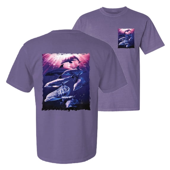 Wild Bobby, Underwater Whale Dolphin Bottlenose Nautical, Animal Lover, Front and Back Garment-Dyed Short Sleeve Tees, Purple, Large
