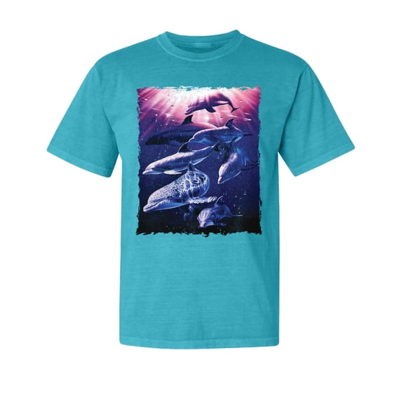 Wild Bobby, Underwater Whale Dolphin Bottlenose Nautical, Animal Lover, Garment-Dyed Washed Look Short Sleeve T-Shirt, Blue Lagoon, Medium