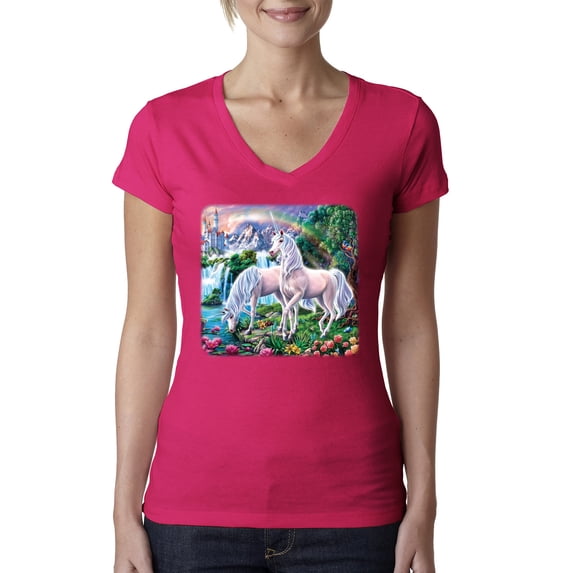 Wild Bobby, Unicorn Fanstasy Island Castle Animal Lover Female Junior Fit V-Neck Tee, Raspberry, X-Large
