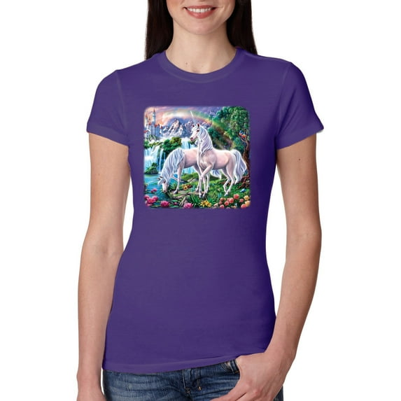 Wild Bobby, Unicorn Fanstasy Island Castle Animal Lover Female Slim Fit Junior Tee, Purple Rush, Large
