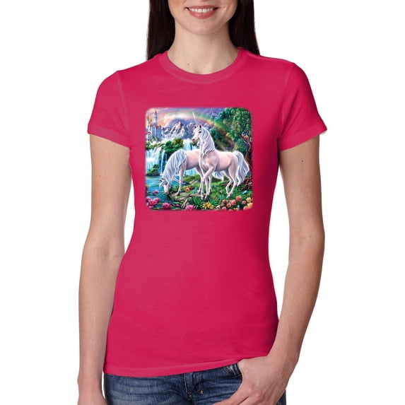 Unicorn Fanstasy Island Castle Animal Lover Female Slim Fit Junior Tee, Raspberry, Small