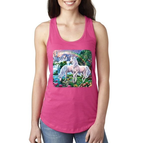 Wild Bobby, Unicorn Fanstasy Island Castle Animal Lover Ladies Racerback Tank Top, Raspberry, Large