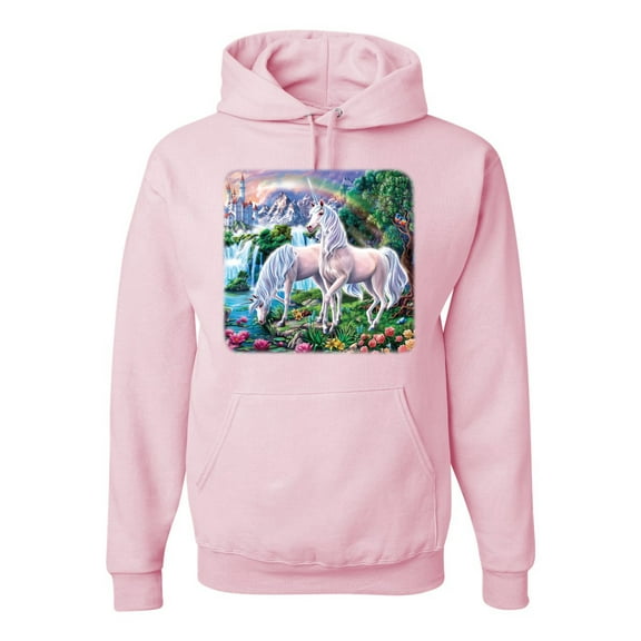 Wild Bobby, Unicorn Fanstasy Island Castle Animal Lover Unisex Graphic Hoodie Sweatshirt, Light Pink, 3XL