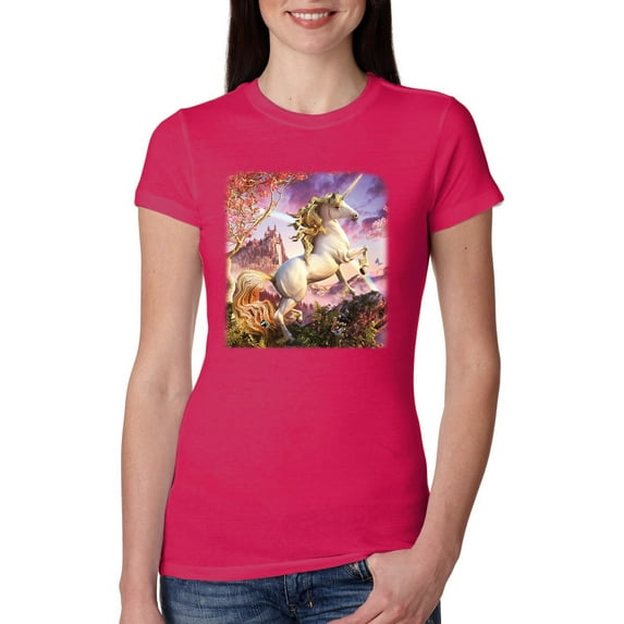 Wild Bobby, Unicorn Fanstasy Rainbow Castle Female Slim Fit Junior Tee, Raspberry, Small