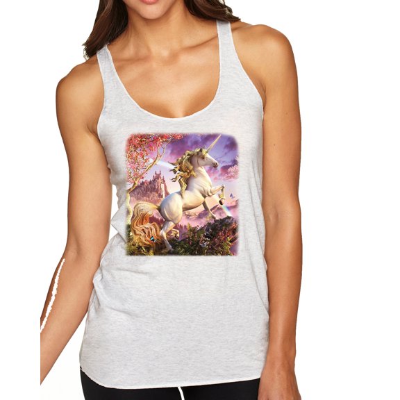 Wild Bobby, Unicorn Fanstasy Rainbow Castle Tri-Blend Racerback Tank Top, Heather White, Small