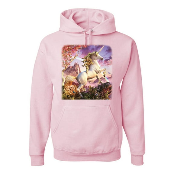 Wild Bobby, Unicorn Fanstasy Rainbow Castle Unisex Graphic Hoodie Sweatshirt, Light Pink, 2XL