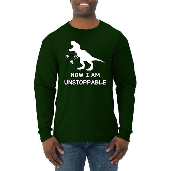 Wild Bobby, Unstoppable T Rex Funny, Pop Culture, Men Long Sleeve Shirt, Forest Green, X-Large