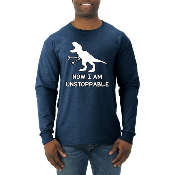Wild Bobby, Unstoppable T Rex Funny, Pop Culture, Men Long Sleeve Shirt, Vintage Heather Navy, Small