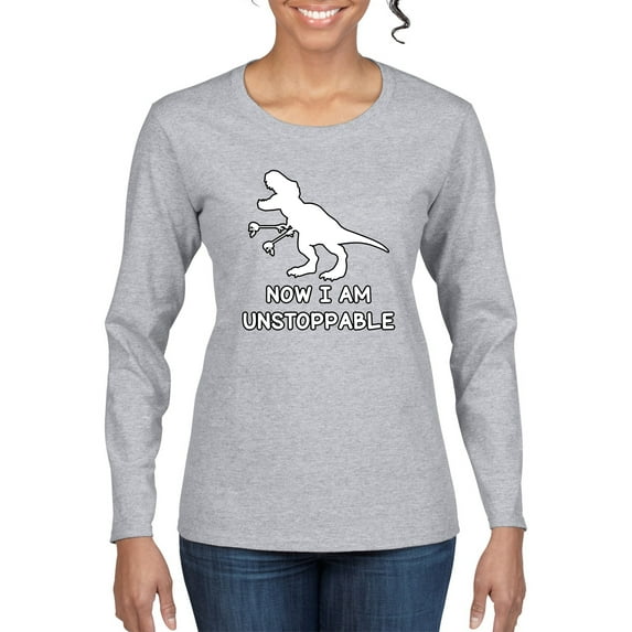 Wild Bobby, Unstoppable T Rex Funny, Pop Culture, Women Graphic Long Sleeve Tee, Heather Grey, Large
