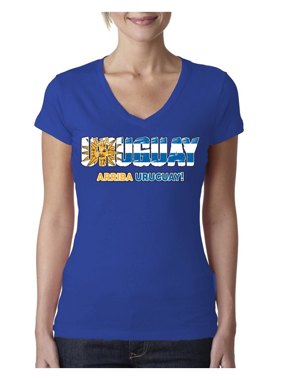 Uruguay Flag Pride Graphic Arriba Uruguay Sun | Unisex Novelty T-Shirt | Soccer Football Fan Gift for Men Women Junior Fit V-Neck Tee