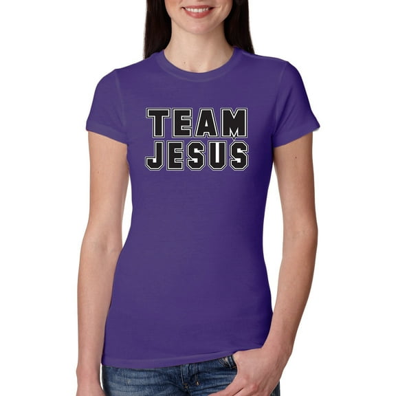 Wild Bobby, Varsity Team Jesus Inspirational/Christian Women Slim Fit Junior Tee, Purple Rush, Medium