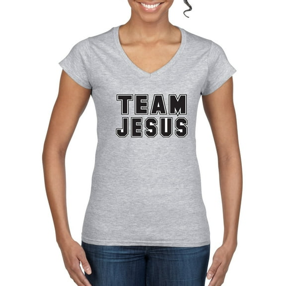 Wild Bobby Varsity Team Jesus Inspirational/Christian Women Standard V-Neck Tee, Heather Grey, Small