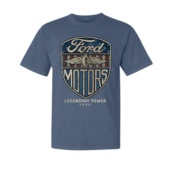Wild Bobby, Vintage Ford Motors Legendary Power 1983, Cars and Trucks, Garment-Dyed Washed Look Short Sleeve Tees, Navy, Small
